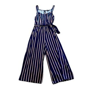 Blue jumpsuit with pink/white stripes